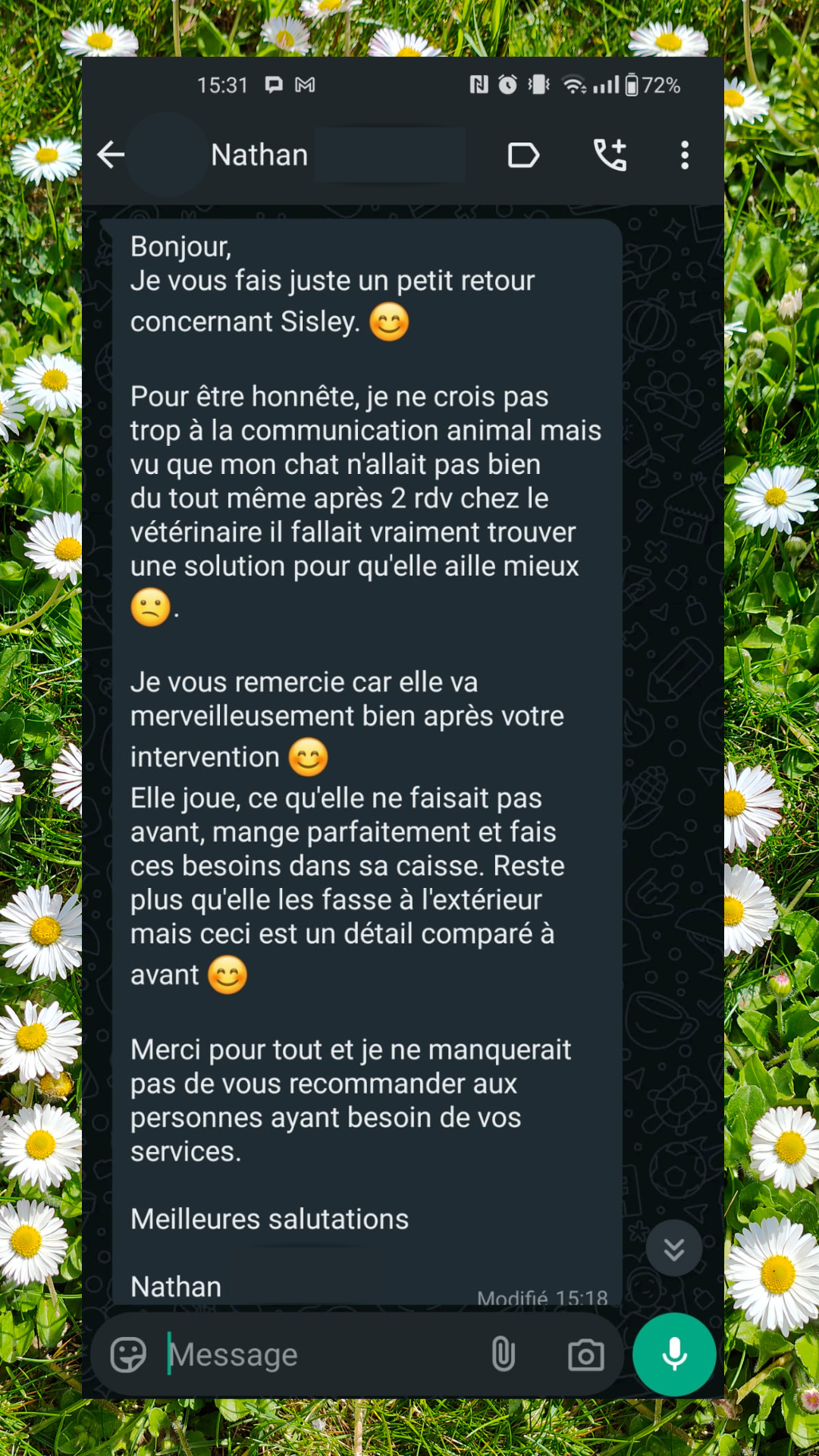 Retour client communication animale pour des troubles du comportement Communication animale pour un chat ayant des troubles du comportement, anxiété, malpropreté